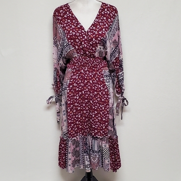 BOHO Anthropologie GiGiO USA Wine Floral Mixed Print Surplice V-neck Dress Small - Picture 2 of 14